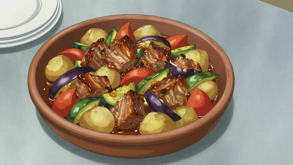 Gyuvech, slow oven stew named after its earthenware dish, Bulgaria main, anime style