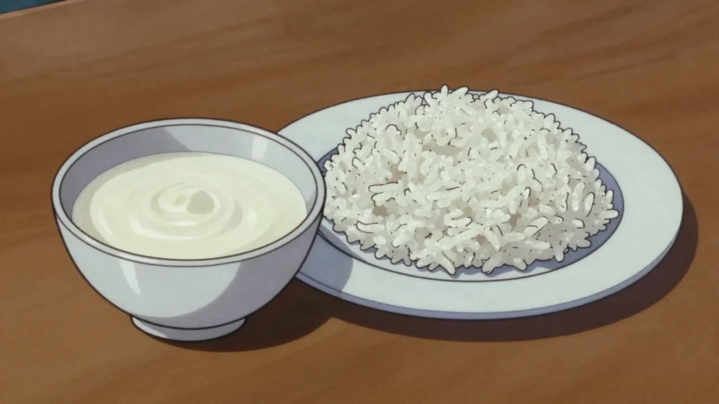 Habobo, zebu milk soured until thick and tart, eaten with rice or sugar, Madagascar cheese & dairy, anime style