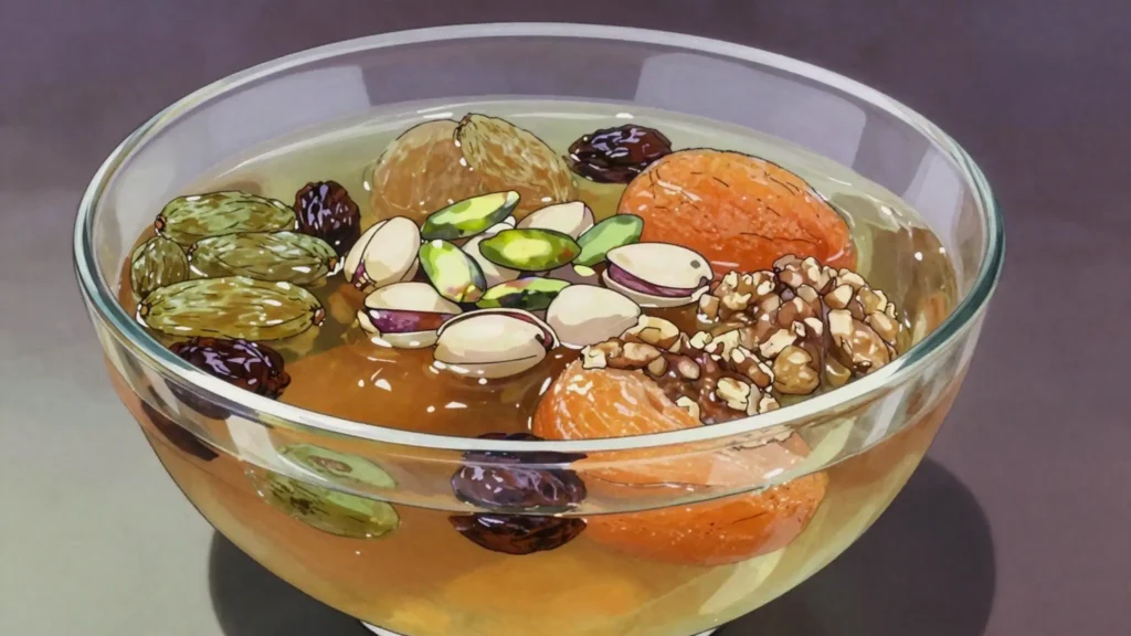 Haft Mewa, nowruz compote of seven dried fruits and nuts soaked in syrup, Afghanistan dessert, anime style