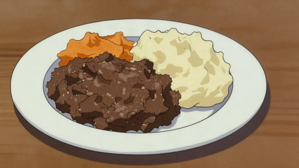 Haggis, spiced sheep offal and oatmeal, with neeps and tatties, United Kingdom main, anime style