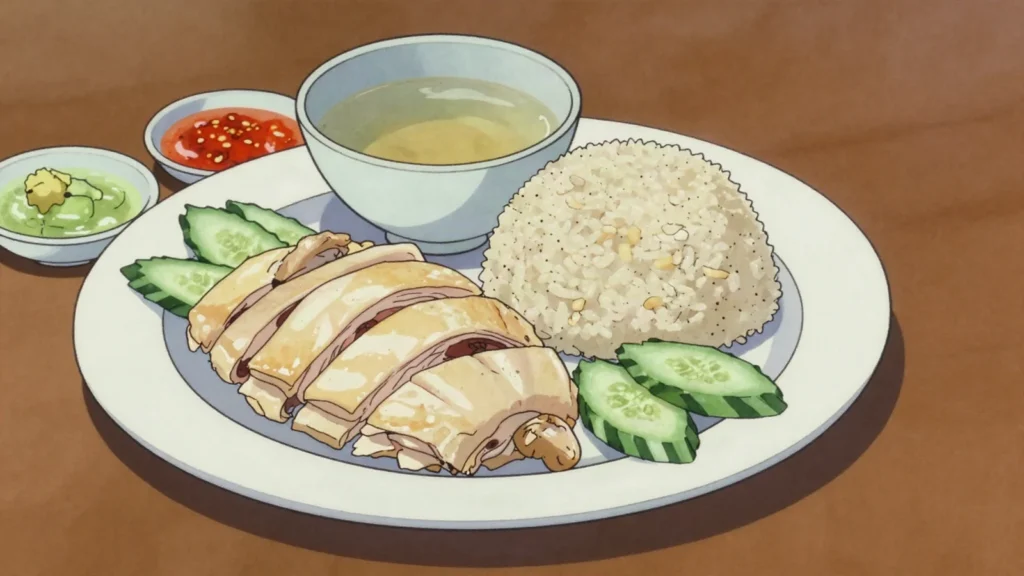 Hainanese Chicken Rice, poached chicken with fragrant rice and chili-ginger sauce, Malaysia main, anime style