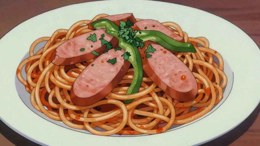 Haitian spaghetti, spaghetti fried with hot dogs and epis seasoning for breakfast, Haiti breakfast, anime style