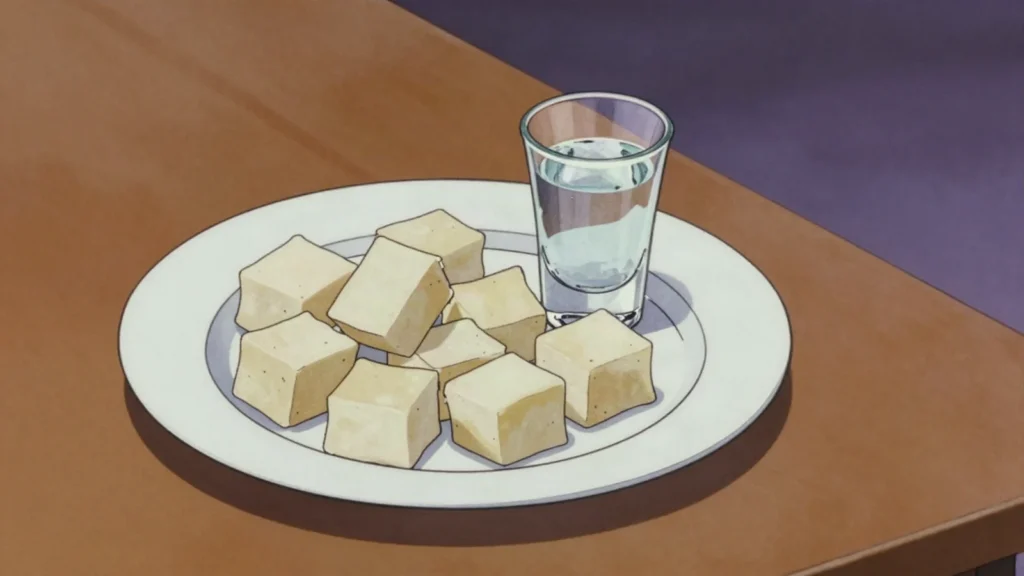 Hákarl, fermented Greenland shark cubes, ammonia-sharp; brennivín chaser, Iceland fermented & pickled, anime style