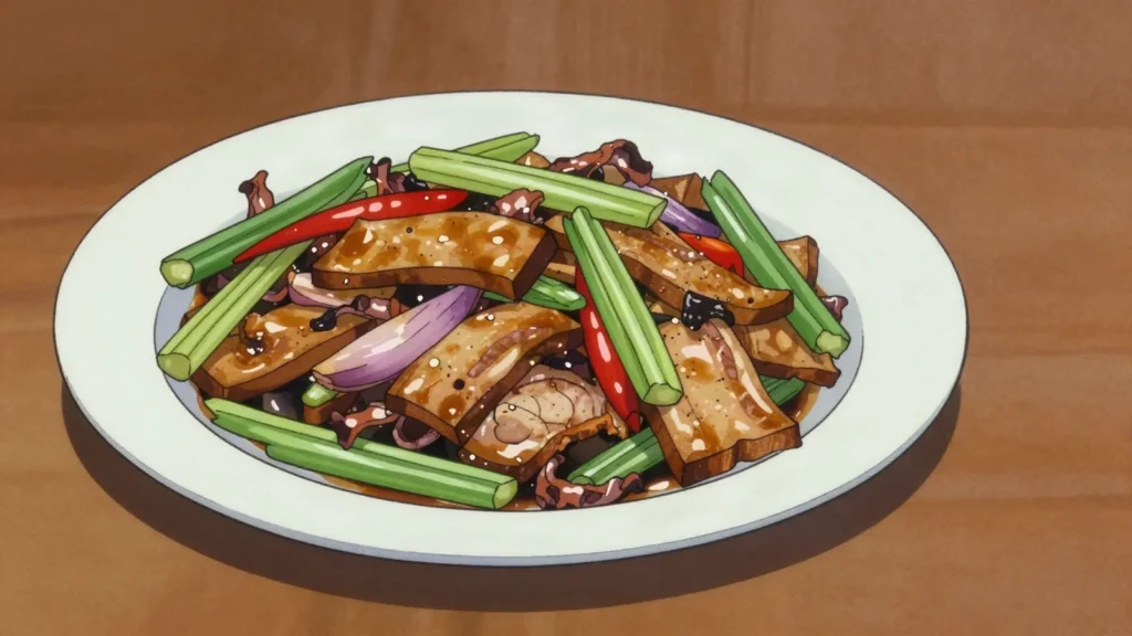 Hakka Stir-fry, squid, pork belly, dried tofu and celery tossed hard with soy and shallots, Taiwan main, anime style