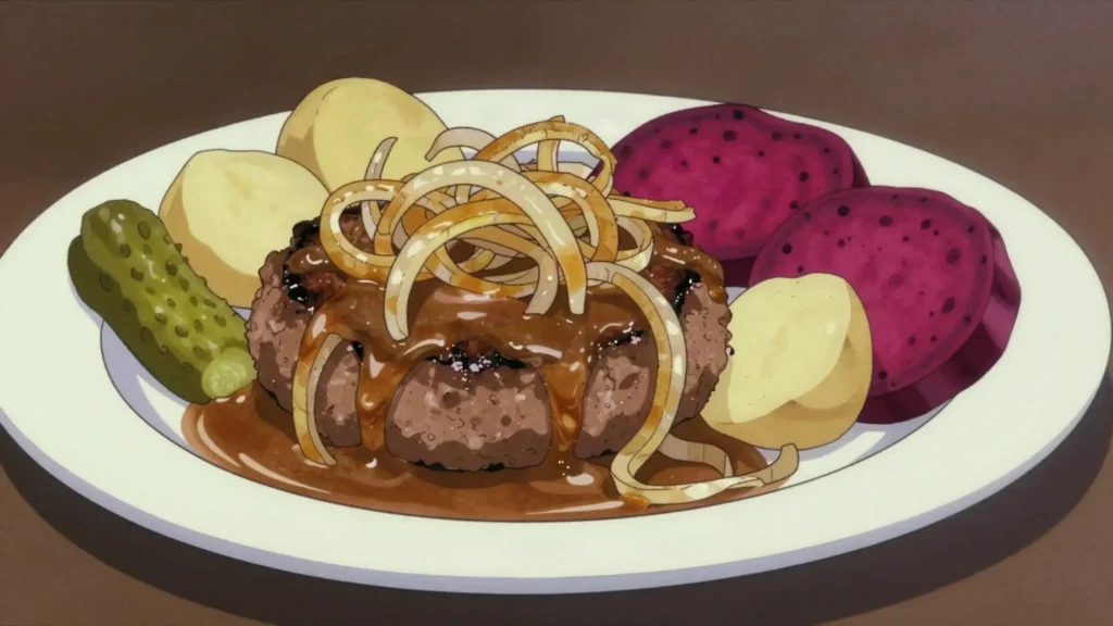 Hakkebøf med bløde løg, thick beef patty with soft browned onions, gravy and boiled potatoes, Denmark main, anime style