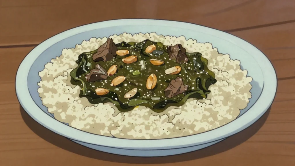 Hakko, sauce of pounded bean and cowpea leaves with peanut and meat, served over, Mauritania soup & stew, anime style