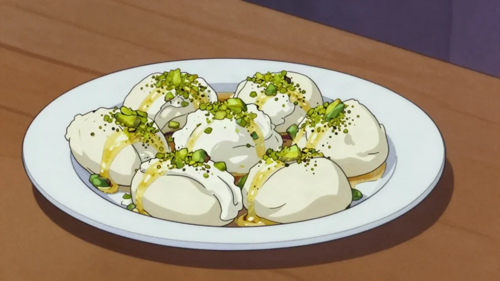 Halawet el-jibn, sweet cheese rolls filled with clotted cream, rosewater syrup; Hama origin, Syria dessert, anime style