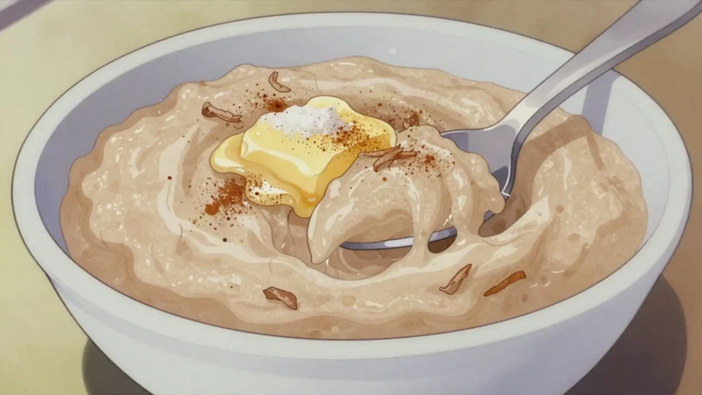 Haleem, slow-beaten wheat and turkey porridge with cinnamon and sugar, Iran breakfast, anime style