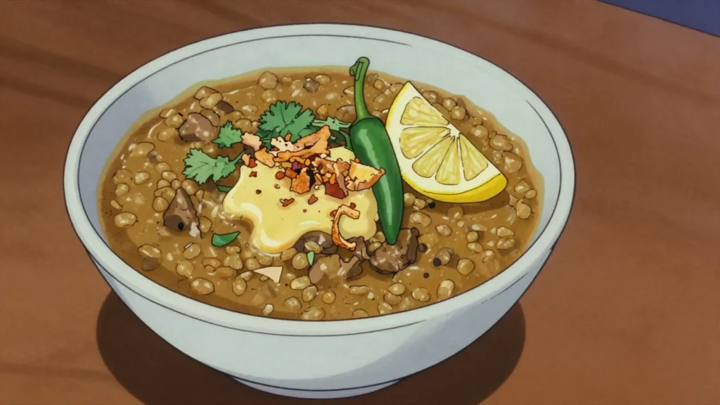 Halim, hearty spiced lentil and meat soup, late-night favorite, Mauritius soup & stew, anime style