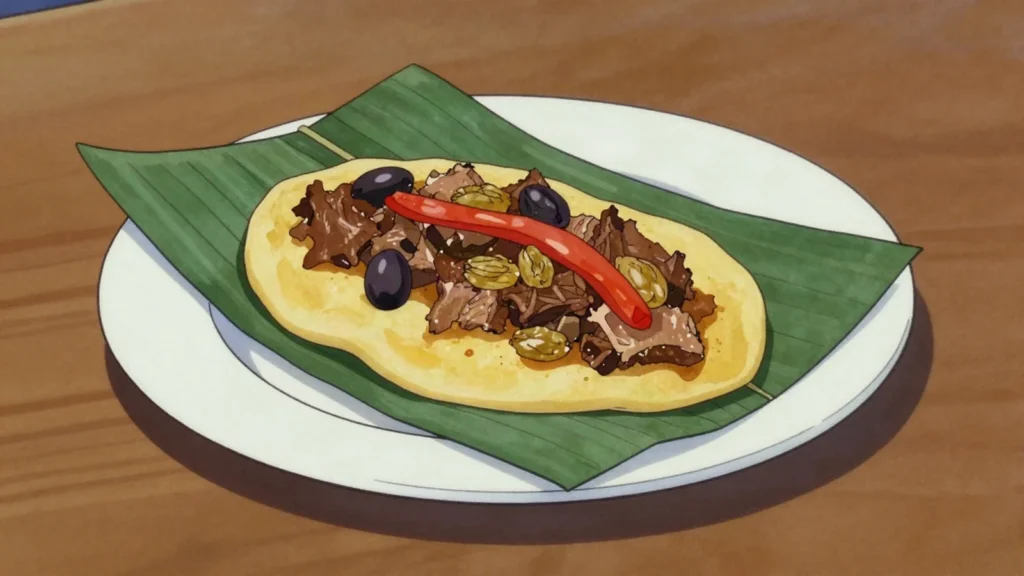 Hallaca, christmas corn-dough parcels of beef, pork, olives, raisins in banana leaves, Venezuela main, anime style