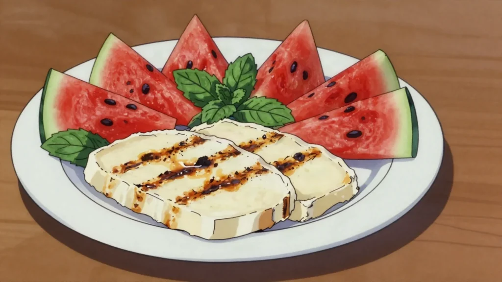 Halloumi, squeaky brined cheese, grilled or fried, often with watermelon, Cyprus cheese & dairy, anime style