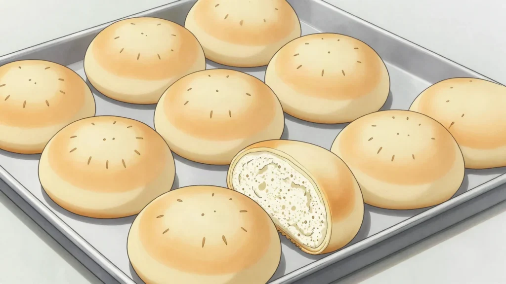Hallulla, flat round wheat roll, the everyday bread beside marraqueta, Chile bread & pastry, anime style