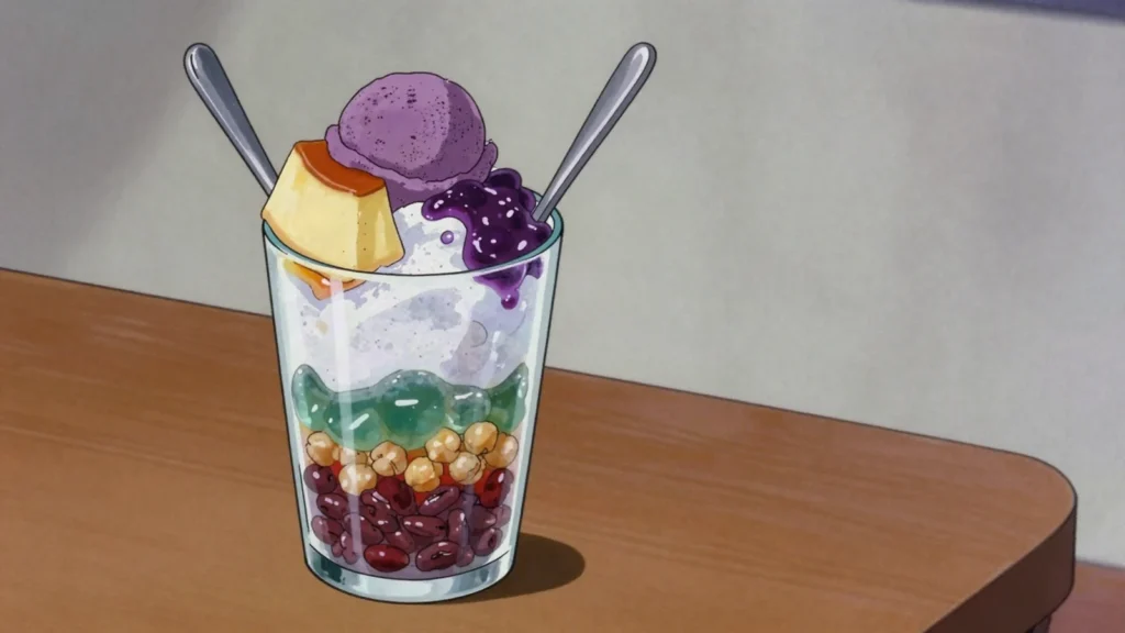 Halo-Halo, layered shaved ice with sweet beans, jellies, ube and leche flan, Philippines dessert, anime style