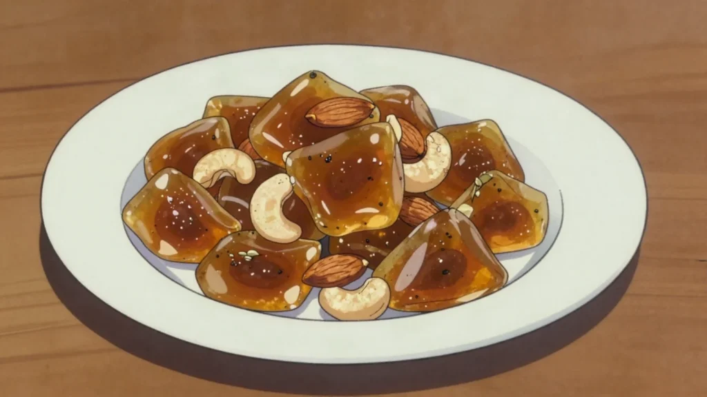 Halua ya Zanzibar, sticky translucent sweet of wheat starch, ghee, cardamom and nuts, Tanzania dessert, anime style