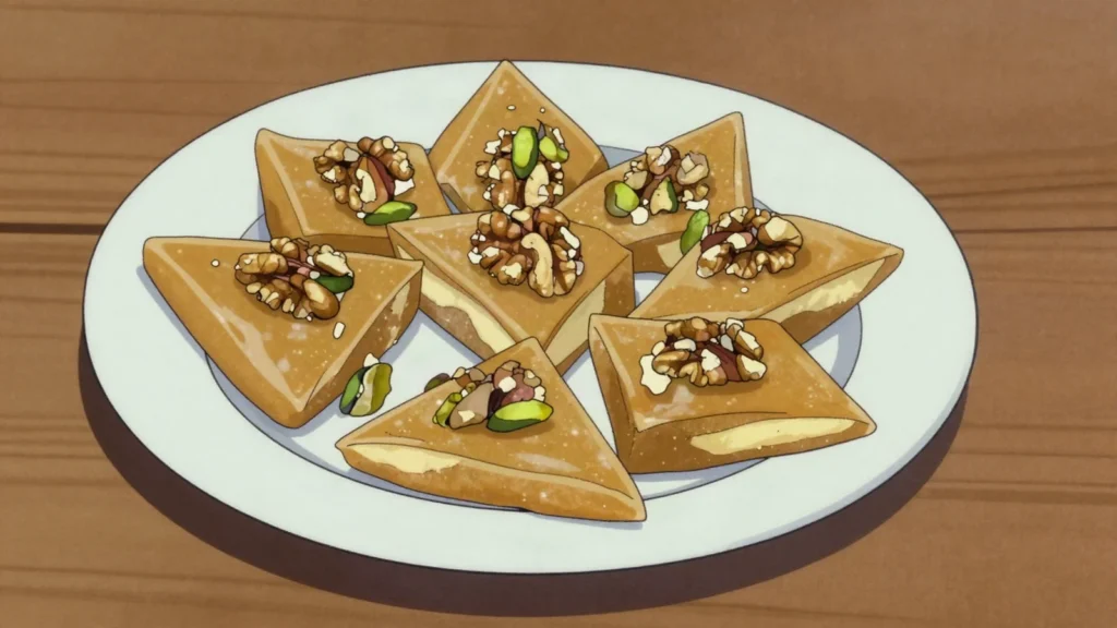 Halvo, dense flour-sugar-oil sweet in many regional styles, Tajikistan dessert, anime style