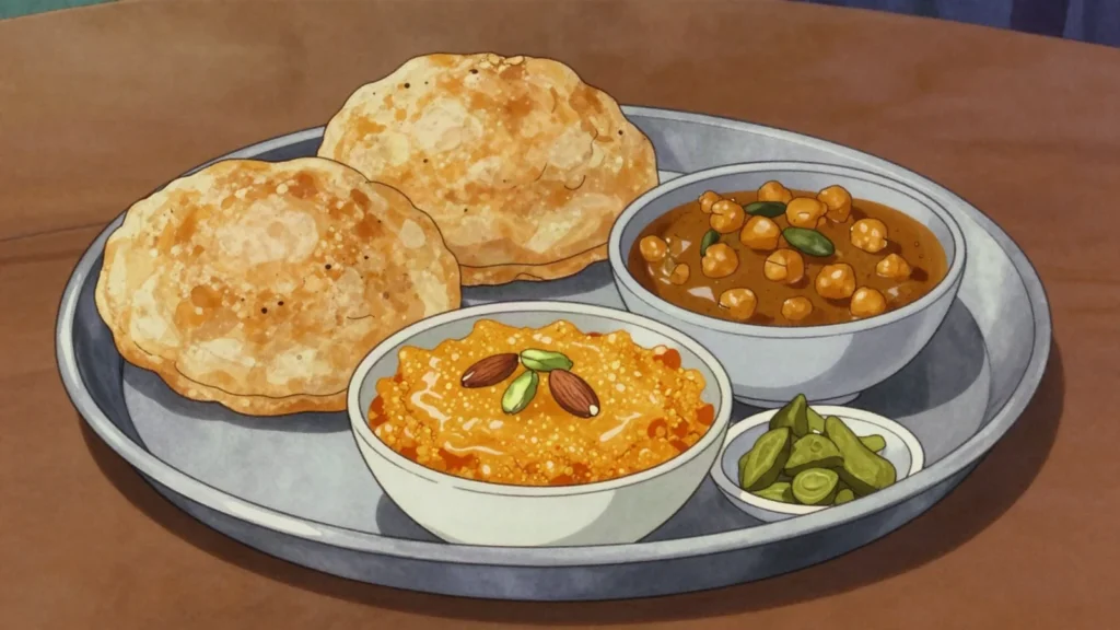 Halwa Puri, weekend spread of fried puris, semolina halwa and chickpea curry, Pakistan breakfast, anime style