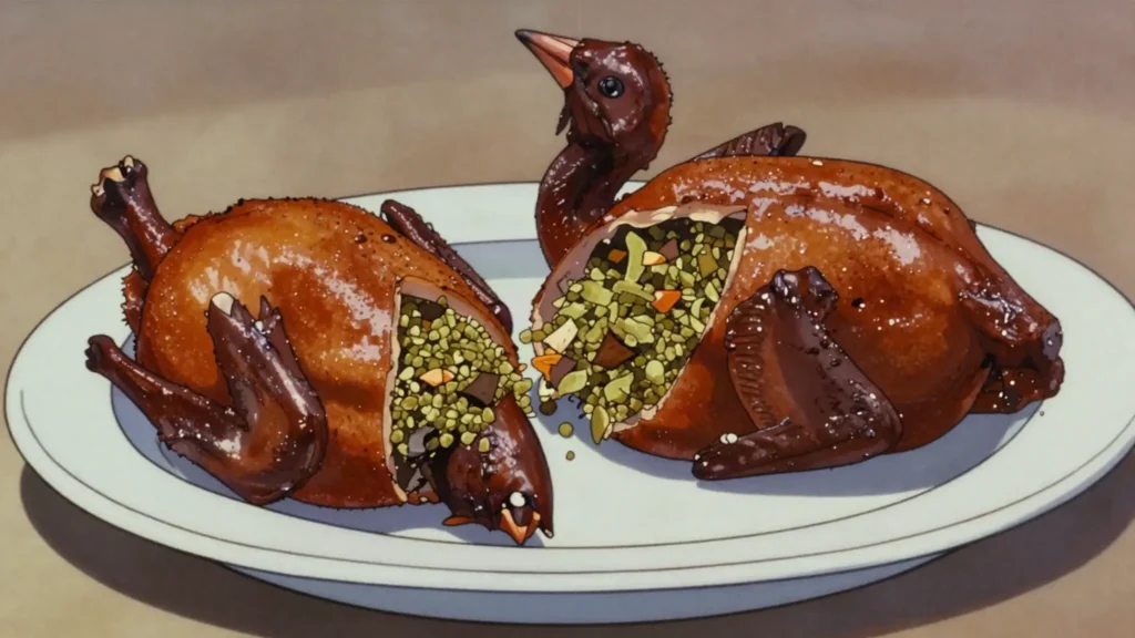 Hamam mahshi, pigeon stuffed with freekeh or rice, then roasted; Cairo delicacy, Egypt main, anime style
