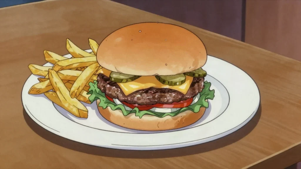 Hamburger, grilled beef patty in a bun with classic fixings, United States main, anime style