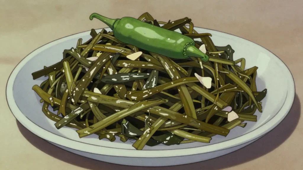 Hamli, collard greens sautéed with garlic and oil, Eritrea salad & side, anime style