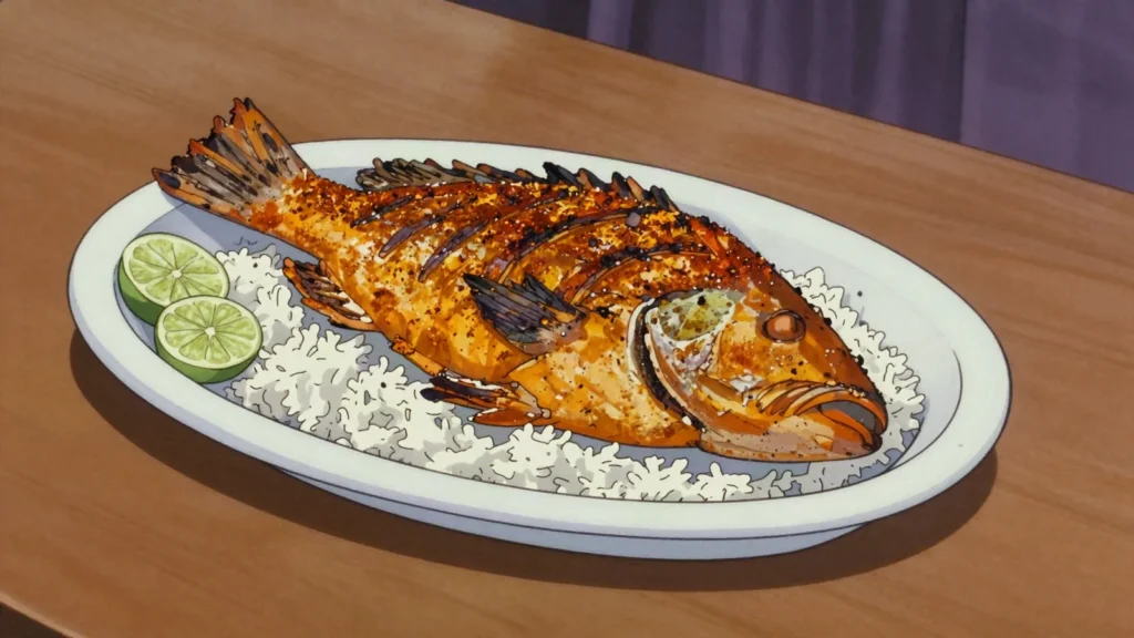 Hamour mashwi, grilled grouper rubbed with baharat, served with rice and lime, Qatar main, anime style