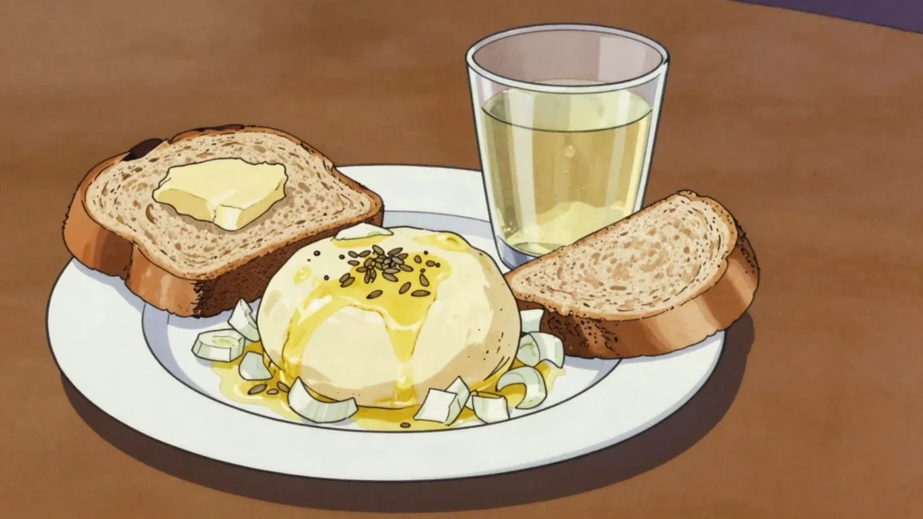 Handkäse mit Musik, sour-milk cheese marinated with raw onion, eaten with cider and, Germany cheese & dairy, anime style