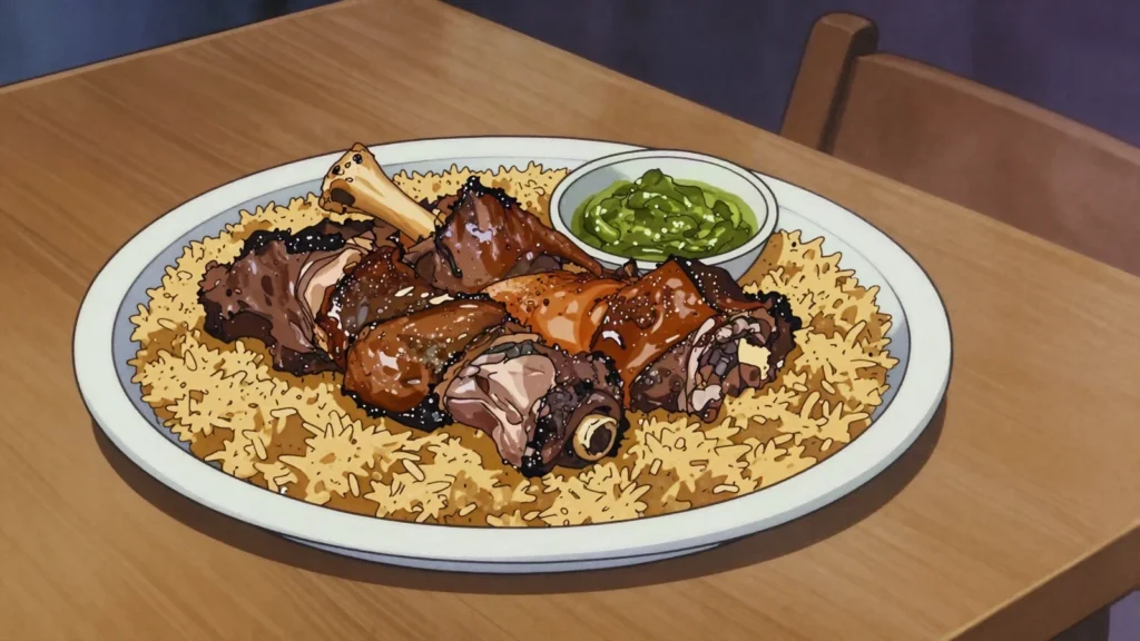 Haneeth, slow-roasted seasoned lamb, falling off the bone, Yemen main, anime style