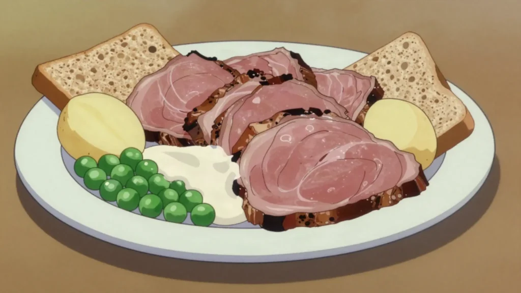 Hangikjöt, birch-smoked lamb sliced with white sauce, peas; Christmas, Iceland main, anime style