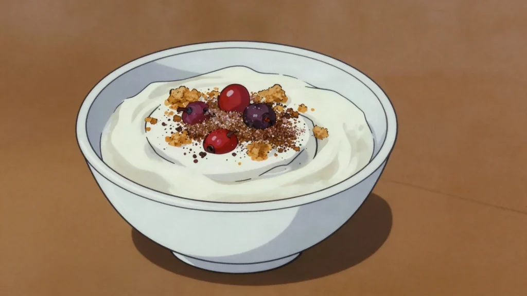 Hangop, buttermilk or yoghurt drained in cloth to a thick cream, Netherlands dessert, anime style