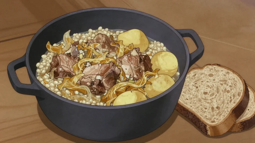 Hapukapsas, salt-fermented cabbage stewed with pork for the Christmas table, Estonia fermented & pickled, anime style