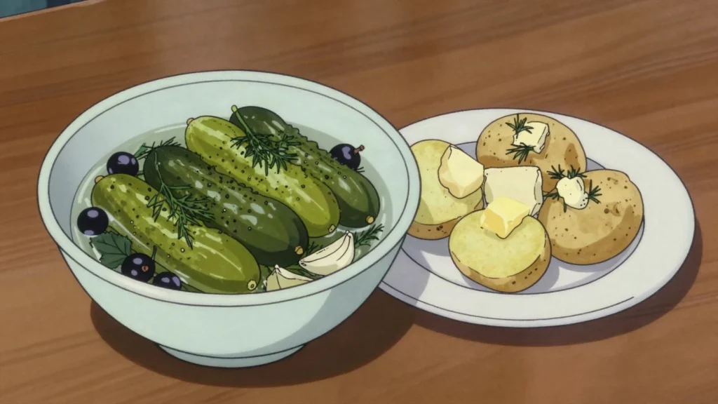 Hapukurk, salt-brined cucumbers with dill and blackcurrant leaf, eaten with, Estonia fermented & pickled, anime style