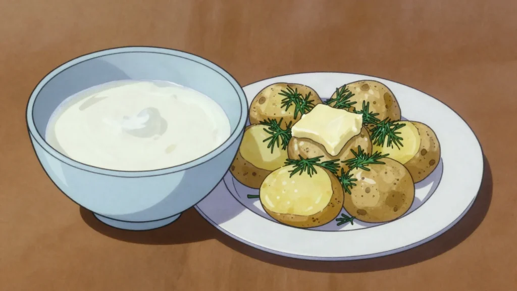 Hapupiim, thick soured milk poured over boiled potatoes in summer, Estonia cheese & dairy, anime style
