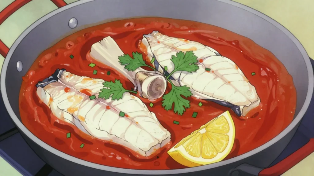 Haraimi, firm fish steaks braised in hot chili-cumin tomato sauce, Libya main, anime style
