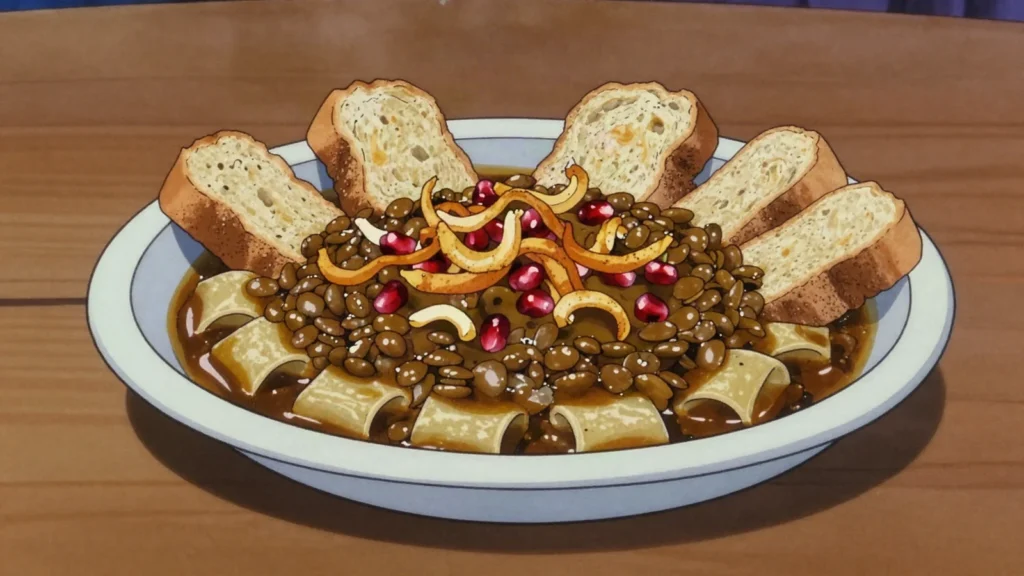 Harak osbao, lentils and pasta with tamarind, pomegranate and fried onions; Damascene classic, Syria main, anime style