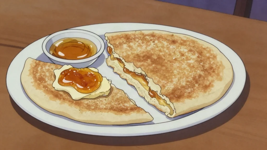 Harcha, pan-griddled semolina cakes with a sandy crust, split for butter and jam, Morocco bread & pastry, anime style
