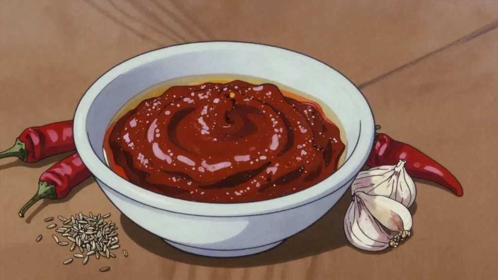 Harissa, fiery sun-dried chili and garlic paste seasoning nearly every Tunisian dish, Tunisia sauce & condiment, anime style