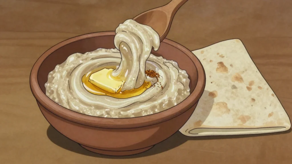 Harissa, wheat and chicken slowly beaten into savory porridge; dish of resilience, Armenia main, anime style