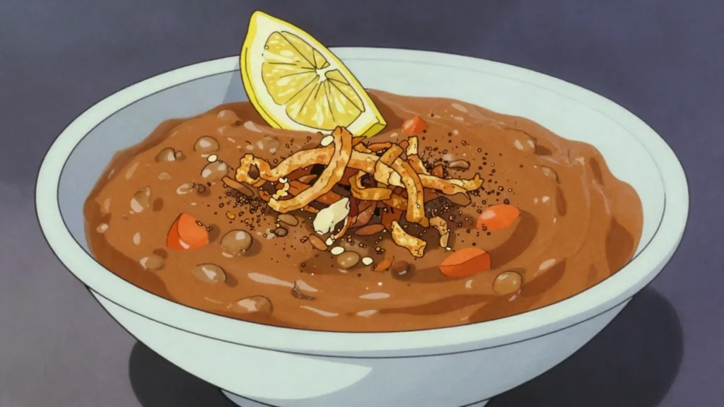 Hasa adas, thick lentil soup with tomato, carrot and cumin, topped with fried onion, Libya soup & stew, anime style