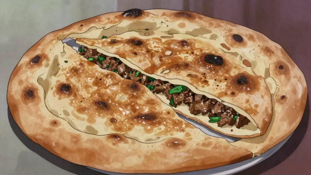 Hawawshi, baladi bread packed with spiced minced beef, baked crisp, Egypt street food, anime style
