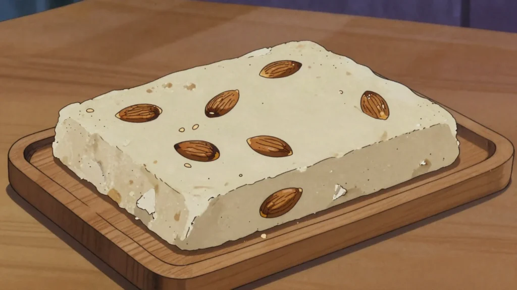 Helwa tat-Tork, crumbly sesame paste block studded with almonds, cut in slabs, Malta dessert, anime style