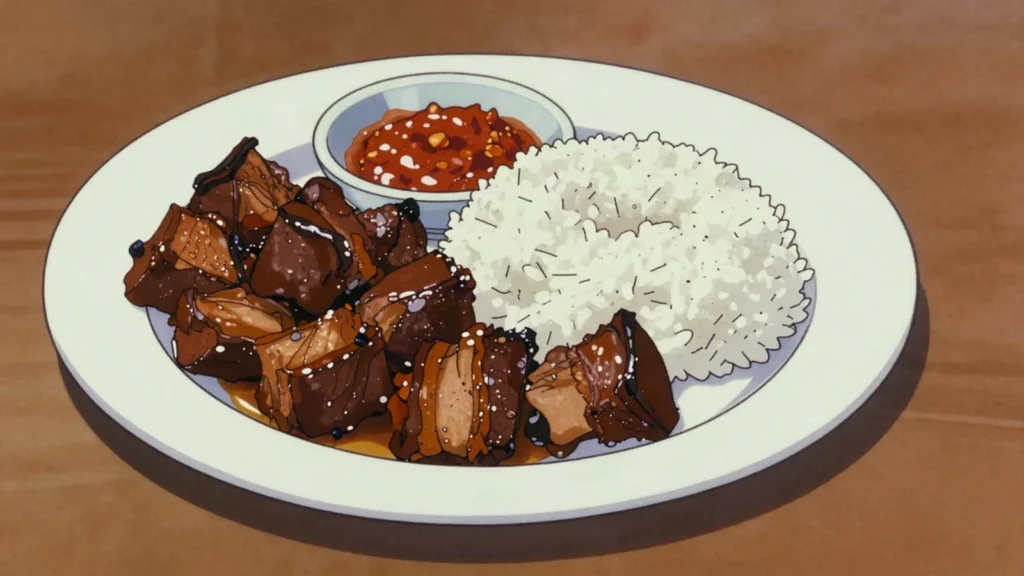 Hena ritra, pork or beef simmered in its own fat until dark and caramelised, Madagascar main, anime style
