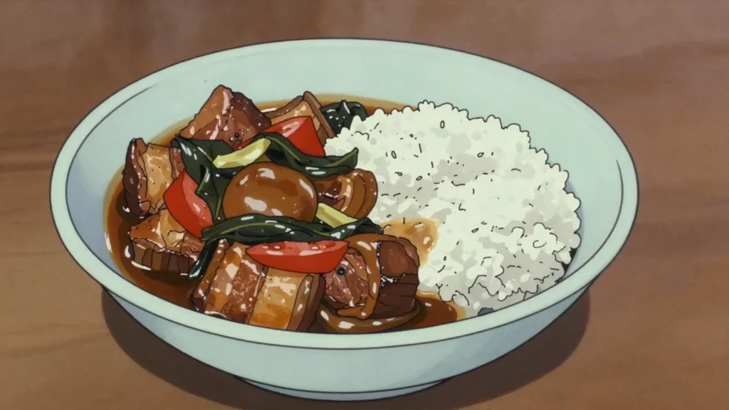 Henakisoa sy amalona, pork belly stewed with freshwater eel and greens over rice, Madagascar main, anime style