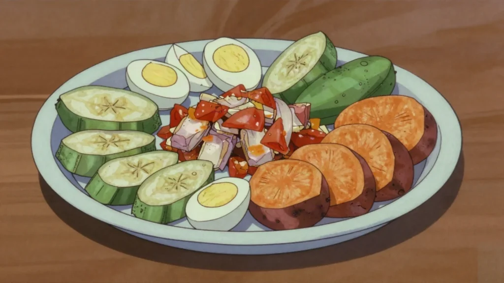 Heri heri, boiled cassava, plantain, sweet potato and egg with bakkeljauw, Suriname main, anime style