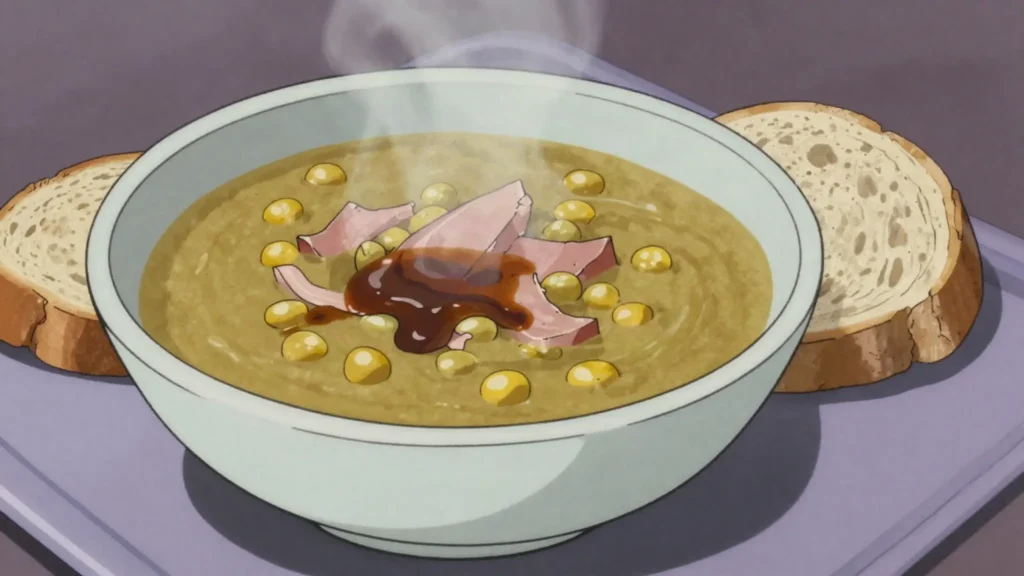 Hernekeitto, thursday pea soup with ham, oven pancake after, Finland soup & stew, anime style