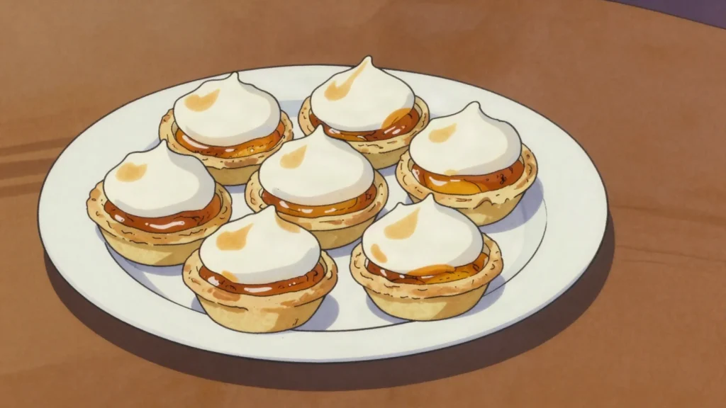 Hertzoggie, jam-filled tartlet under a coconut meringue cap, South Africa dessert, anime style