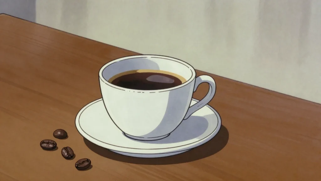 Highlands Coffee, bright arabica grown in small garden plots above fifteen hundred, Papua New Guinea drink, anime style