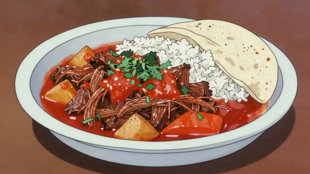 Hilachas, shredded beef in tomato-chile sauce with potatoes, Guatemala main, anime style