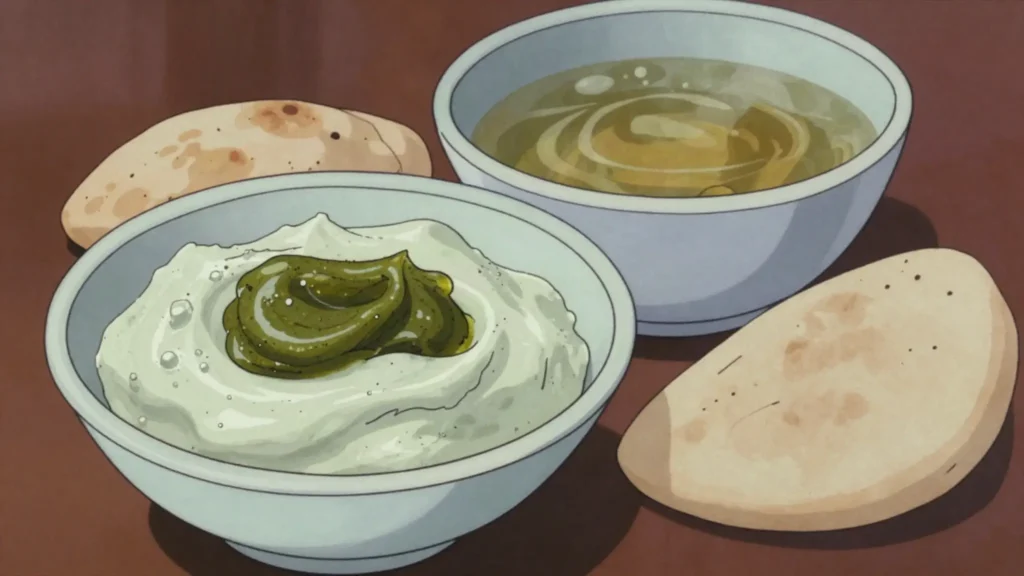 Hilbeh, whipped fenugreek relish, bitter and foamy, spooned onto soups and bread, Israel sauce & condiment, anime style