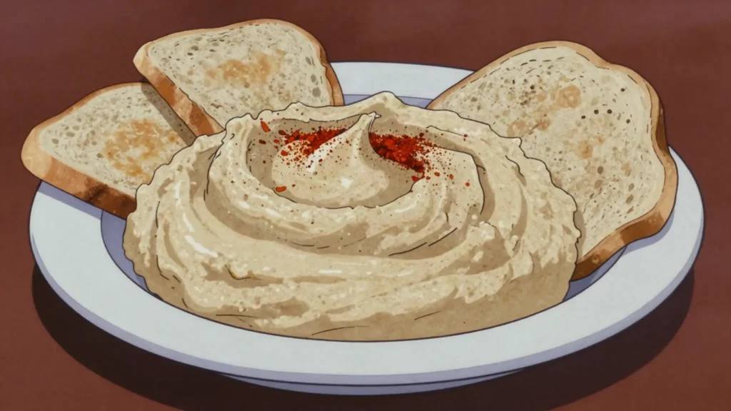 Hilbet, whipped fenugreek and faba-bean paste, pale and bitter-sweet, eaten with, Eritrea sauce & condiment, anime style