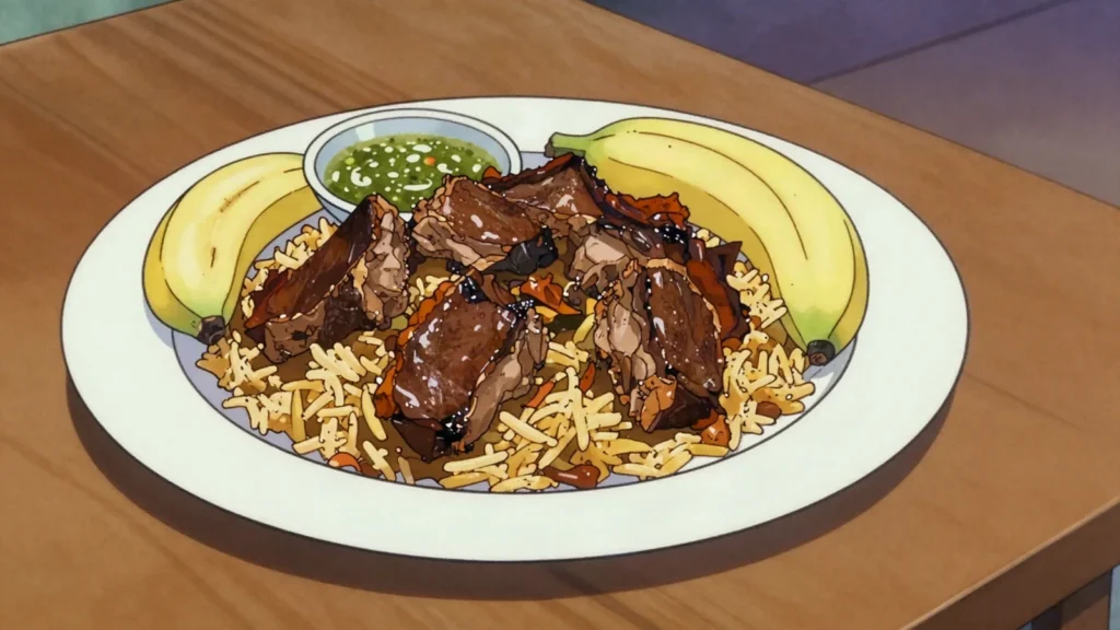 Hilib ari, goat meat boiled then fried in its own fat, piled on rice with banana, Somalia main, anime style