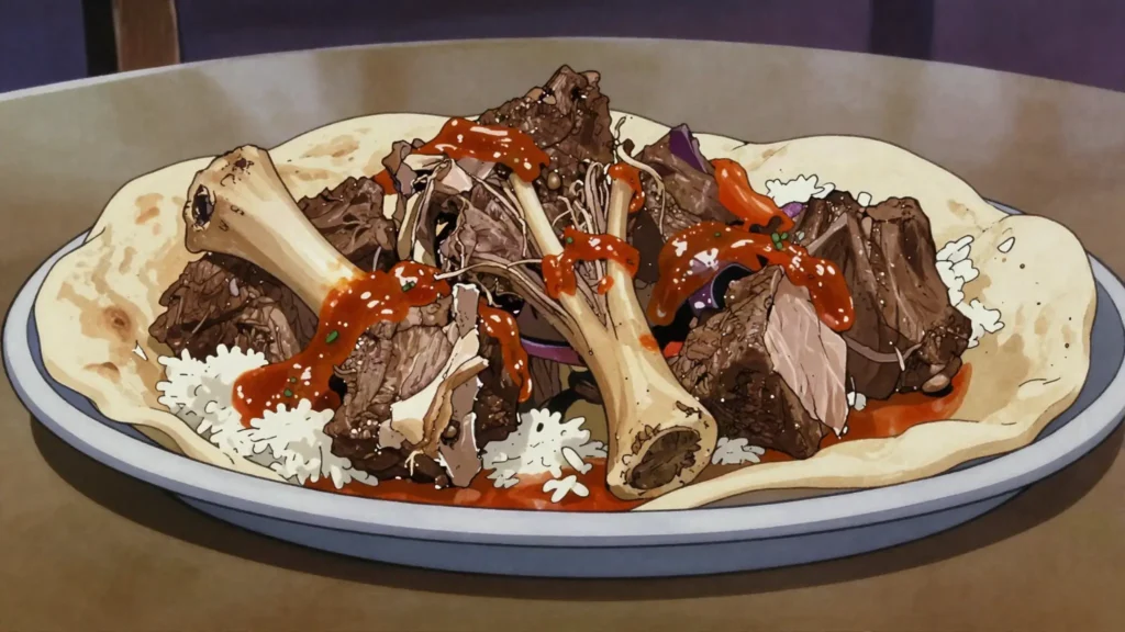 Hilib geel, camel meat simmered or grilled, served with rice or flatbread, Djibouti main, anime style